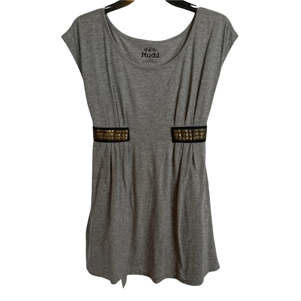 Mudd Embellished Gray Dress Cotton Empire Waist Scoop Neck Casual Size Large